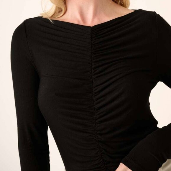 lack Ruched Front Long Sleeve Shirt – Stretchy Fitted Top Women - Picture 2 of 3